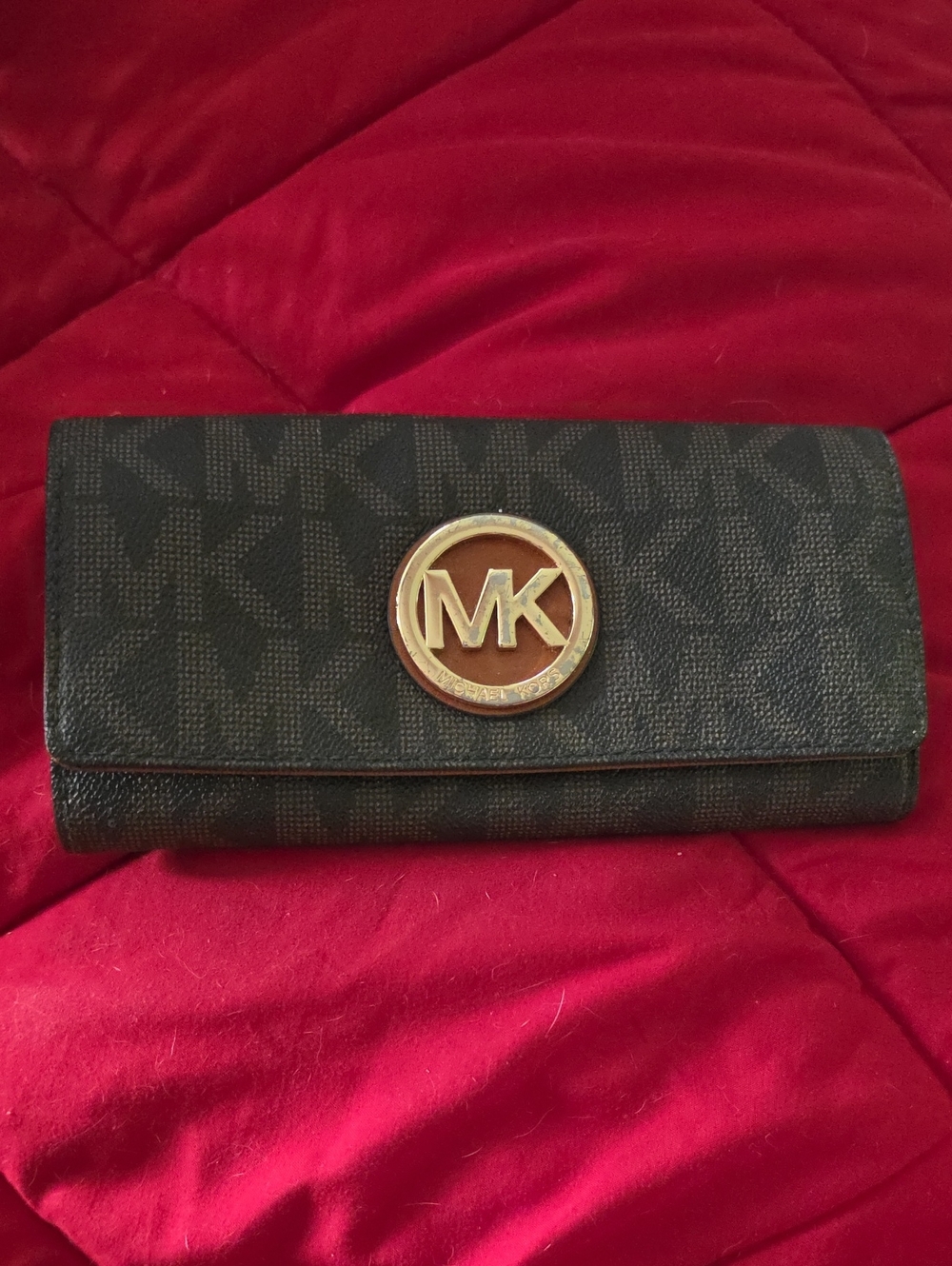 Michael Kors Black MK Logo Continental Wallet with Gold Emblem